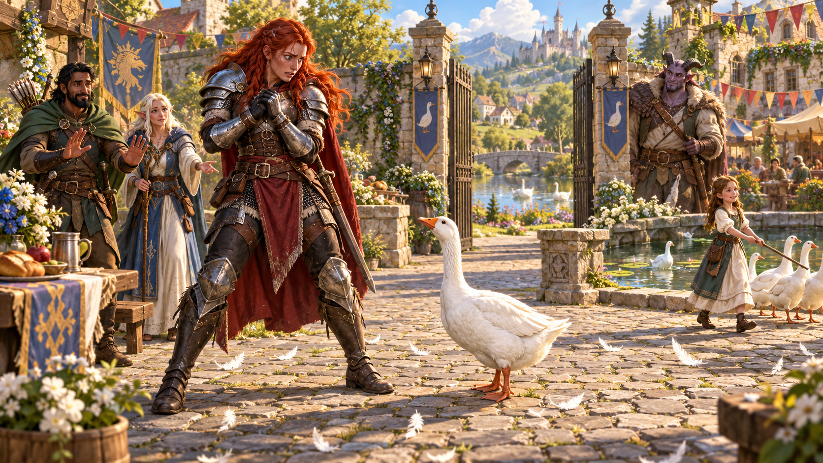 Character facing a goose in ordinary village fair surroundings with companions nearby