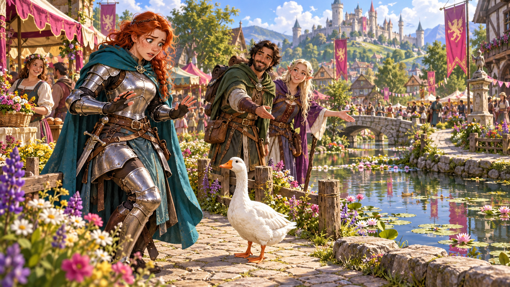 Armoured character uneasy before a goose at a village fair with supportive companions